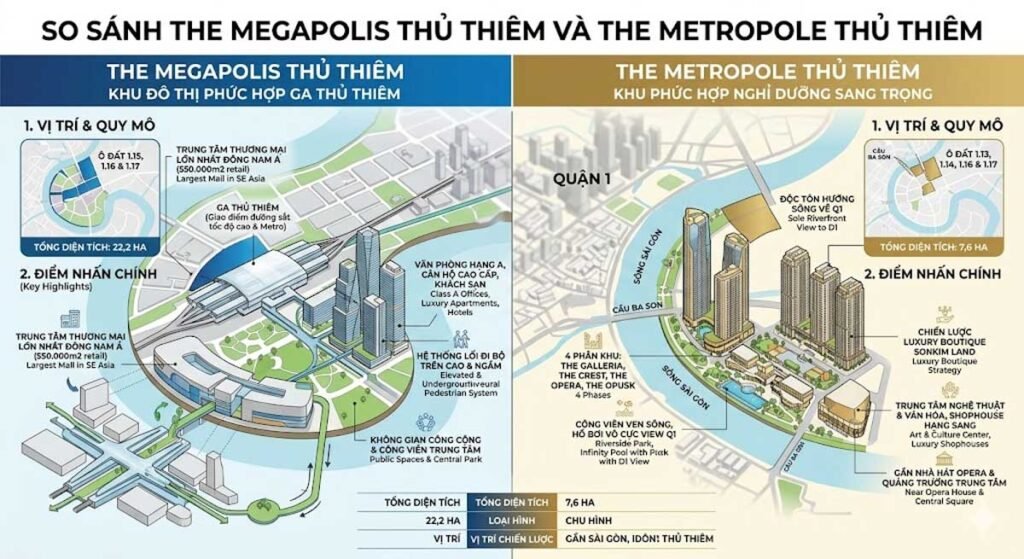 Ảnh minh hoạ so sánh The Megapolis Thủ Thiêm và The Metropole Thủ Thiêm