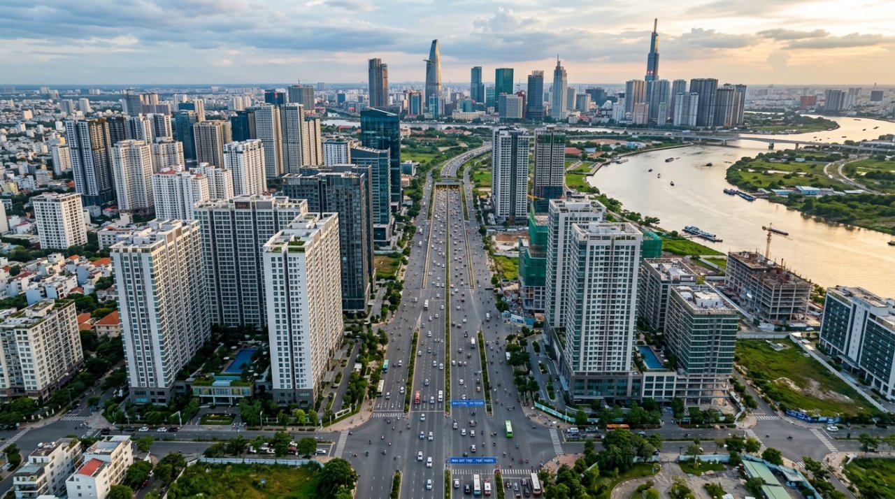 Khu đô thị mới Thủ Thiêm nhìn từ đường Mai Chí Thọ, thị trường bất động sản 2026