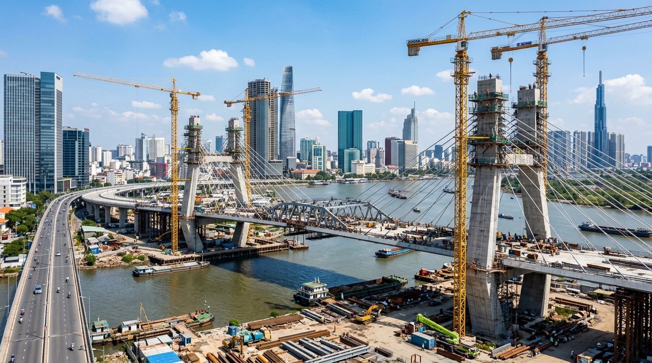 Công trường hạ tầng cầu Thủ Thiêm 4 kết nối Mai Chí Thọ 2026