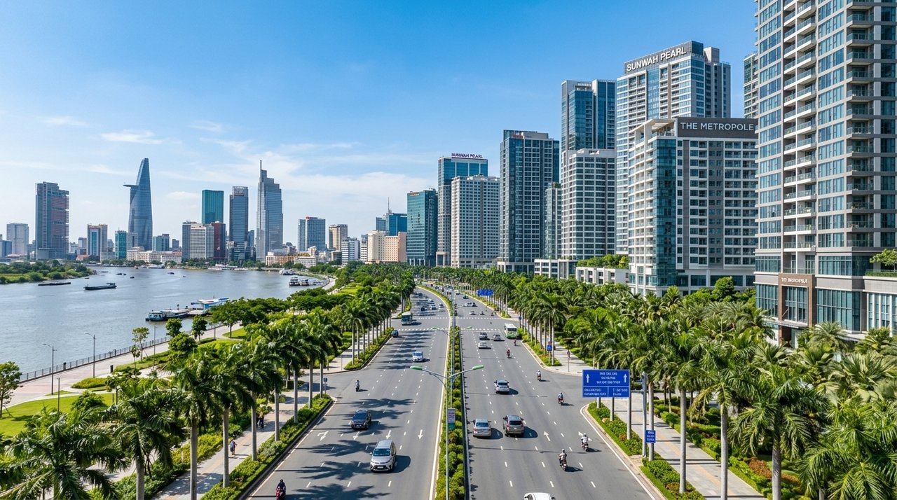 Đại lộ Mai Chí Thọ với các căn hộ cao cấp tại Khu đô thị mới Thủ Thiêm