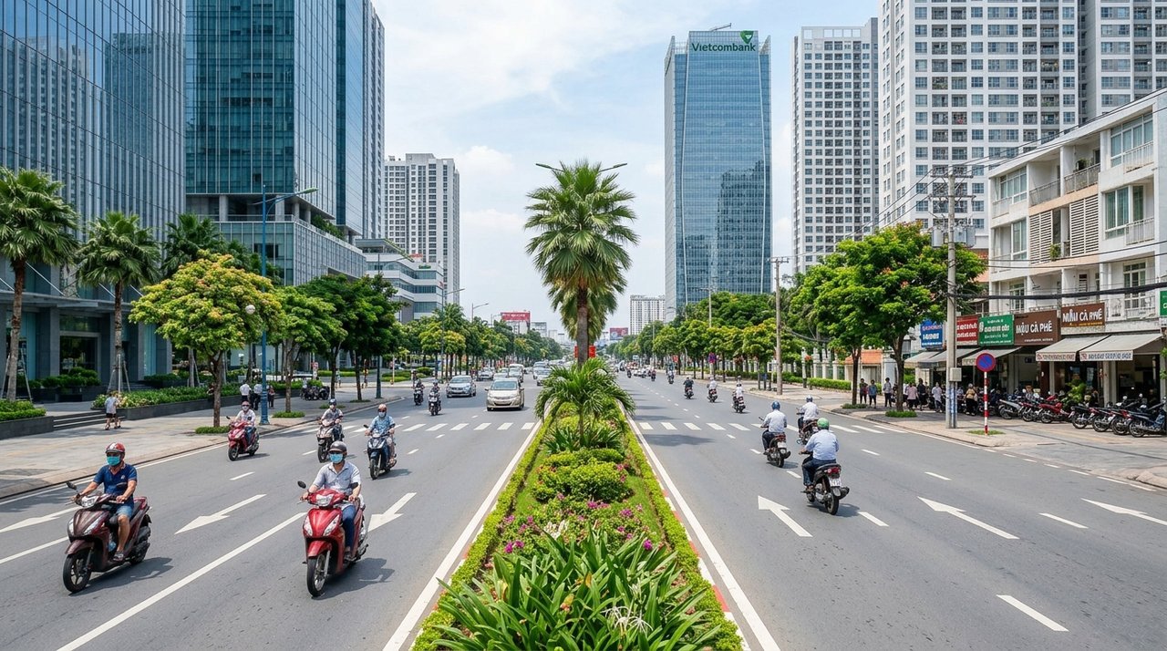 Đại lộ Mai Chí Thọ khu đô thị mới Thủ Thiêm nhìn từ trên cao