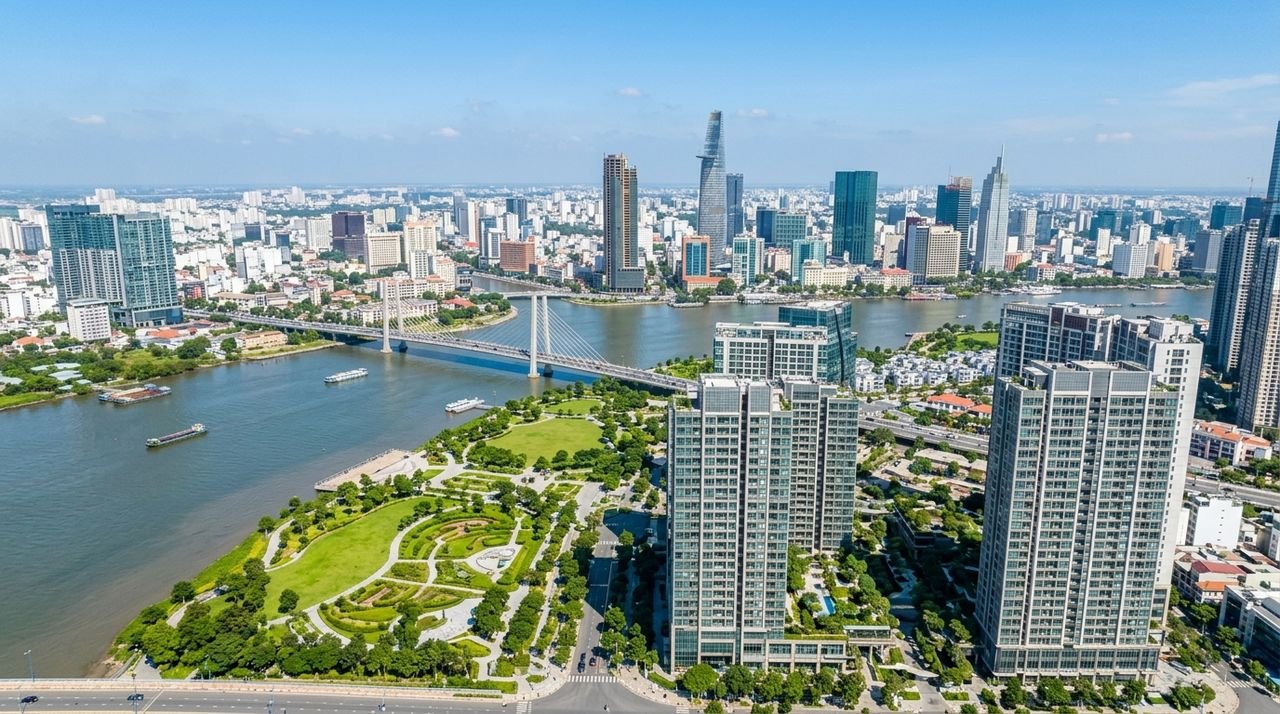 Khu đô thị mới Thủ Thiêm nhìn từ trên cao khu vực thí điểm vùng phát thải thấp