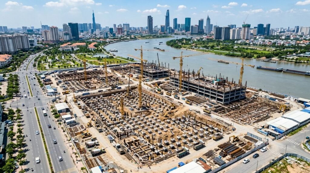 công trường trung tâm hành chính TP.HCM tại Thủ Thiêm 2026
