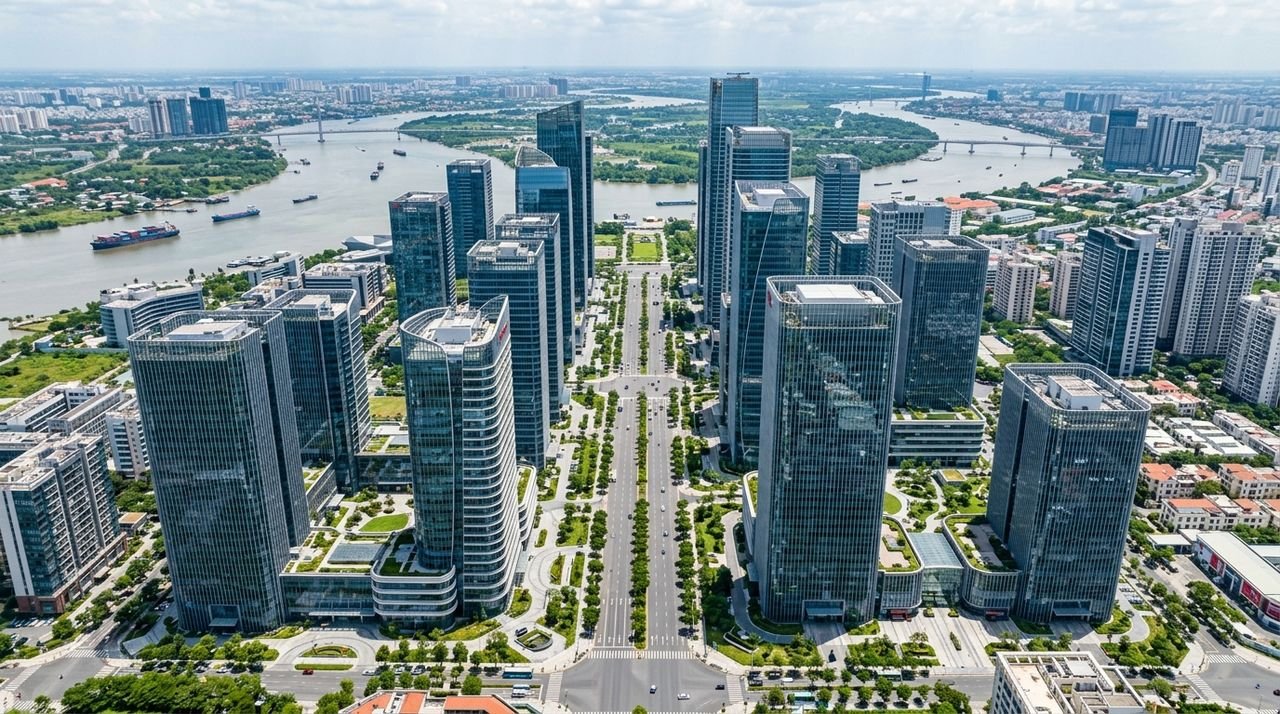 Trung tâm tài chính quốc tế VIFC-HCMC khu vực Thủ Thiêm nhìn từ đại lộ Mai Chí Thọ