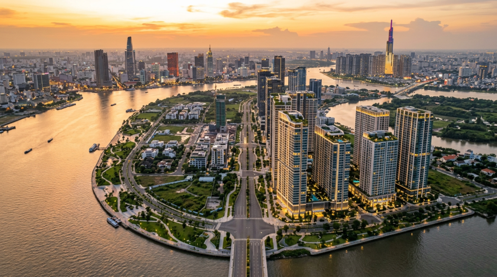 The Megapolis Thủ Thiêm - Khu đô thị mới Thủ Thiêm nhìn từ trên cao — vị trí tọa lạc của The Megapolis