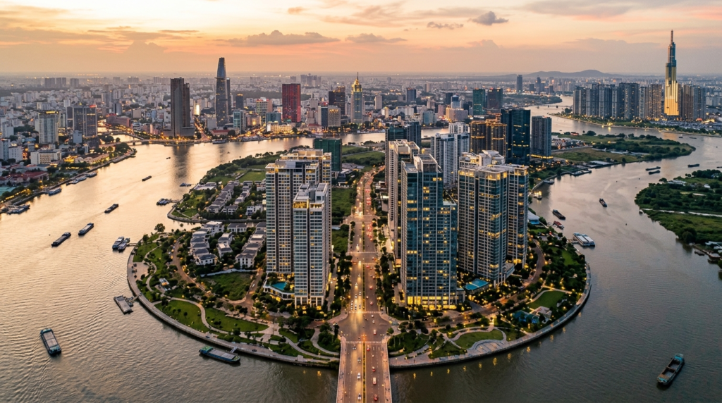 The Megapolis Thủ Thiêm - Khu đô thị mới Thủ Thiêm nhìn từ trên cao — vị trí tọa lạc của The Megapolis
